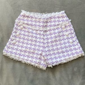 White and Purple Houndstooth Tweed Shorts